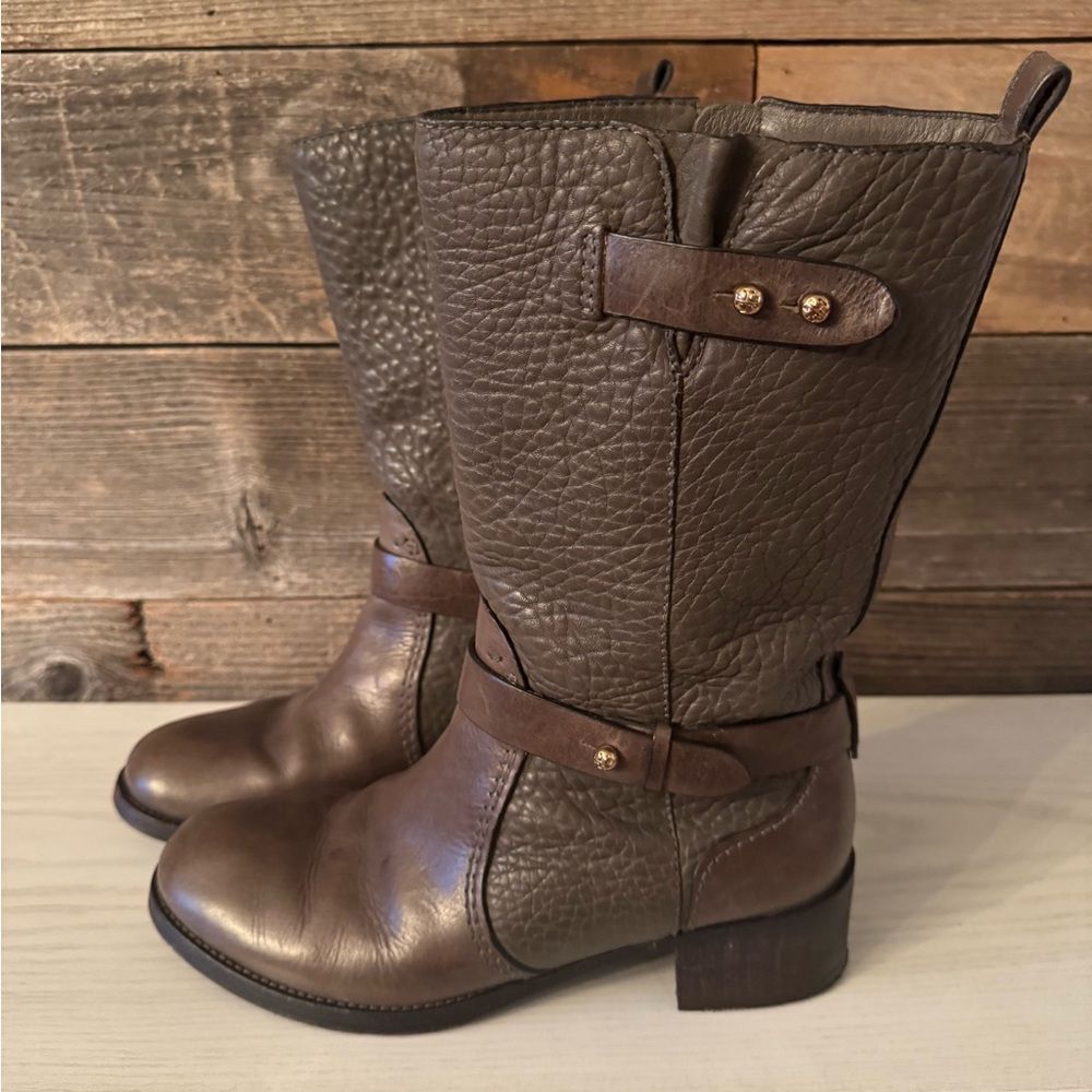 Tory Burch Women's Leona Grey Brown Leather Mid Calf Boot Size US 8